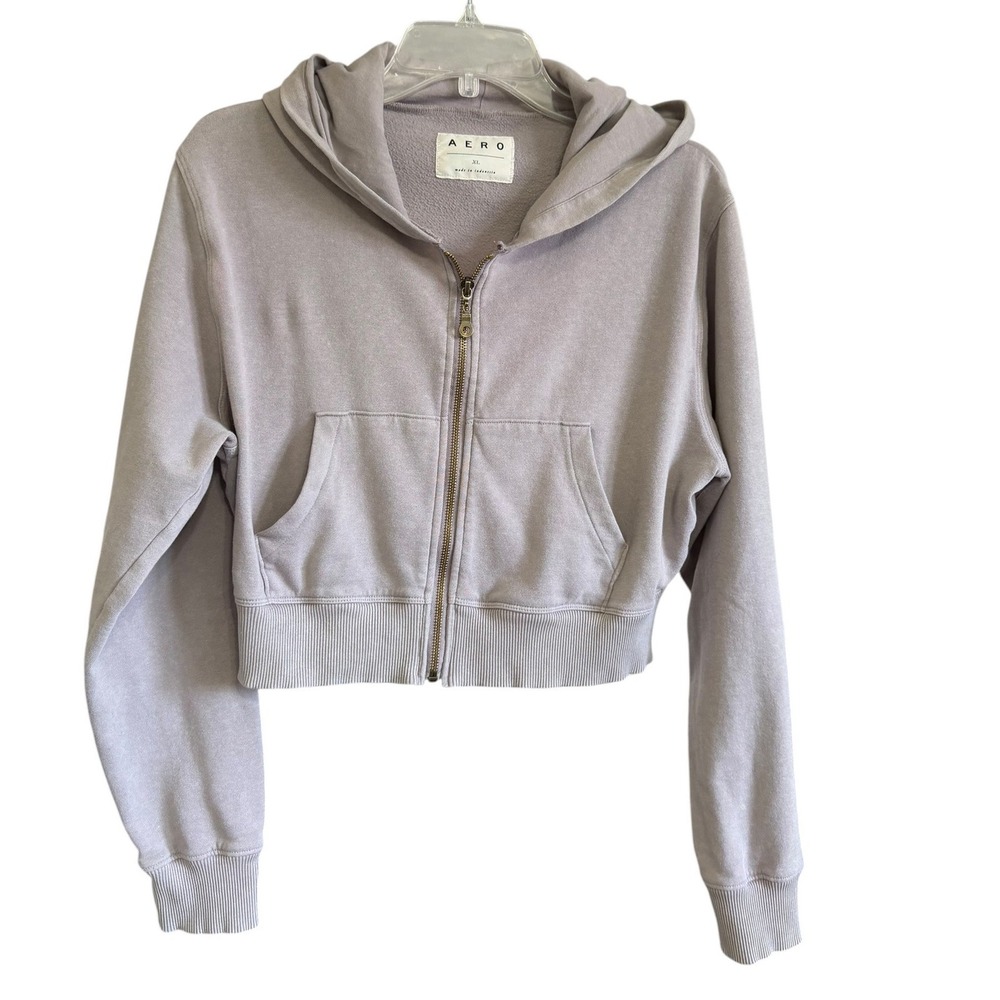 Aero Womens XL Lavender Gray Cropped Full Zip Hoodie Fleece Sweatshirt Twee